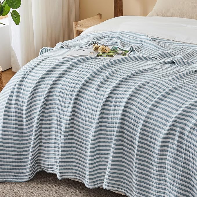 EMME Cotton Muslin King Blanket Bed Layering Bedspread Coverlet Breathable Gauze Soft Lightweight (Striped Teal, 108"x90")