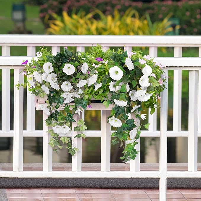 RECUTMS Artificial Fake Hanging Flowers Plants for Outdoor Spring Decor, 2 Pcs UV Resistant Faux Petunias Trailing Plants Realistic Flower Look Real for Door Wall Yard Porch Garden Planter (White)