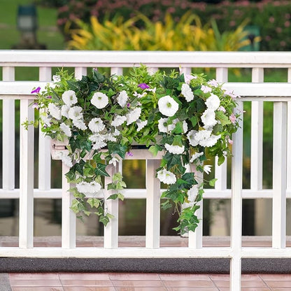 RECUTMS Artificial Fake Hanging Flowers Plants for Outdoor Spring Decor, 2 Pcs UV Resistant Faux Petunias Trailing Plants Realistic Flower Look Real for Door Wall Yard Porch Garden Planter (White)