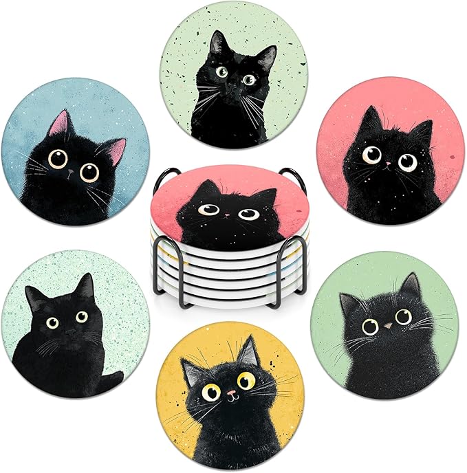 6-Piece Ceramic Coaster Set with Tray Diameter: 3.94 in Thickened Absorbent Material Heat-Resistant and Water-Absorbent Coaster Set Suitable for All Types of Cups， Black Cats