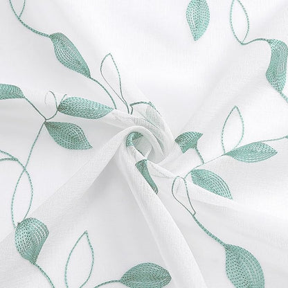 Tollpiz Teal Blue Leaf Sheer Curtains Leaves Embroidered Living Room Short Curtain Rod Pocket Voile Window Treatments for Bedroom, 54 x 45 inches Long, Set of 2 Panels