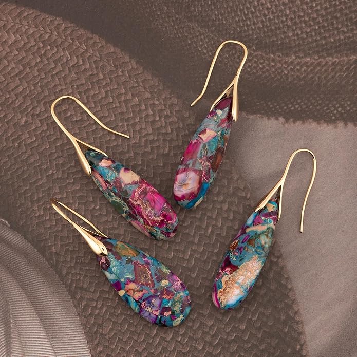 Natural Healing Stone Fishhoop Dangle Drop Earrings Statement Gold silver earrings