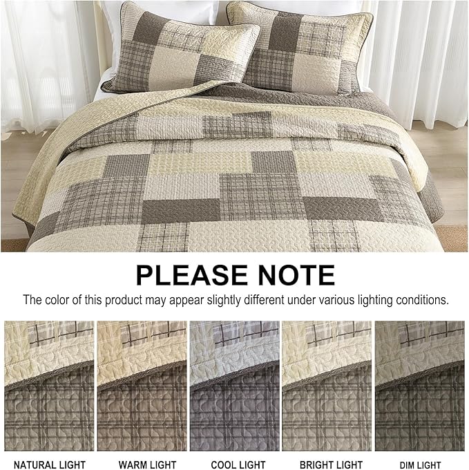 Oversized Bedspread Quilt 120x120-100% Cotton Plaid King Bedspreads Coverlet, Farmhouse Quilted Bedding Cover for All Season, Reversible, Lightweight, 3 Piece, Brown/Beige