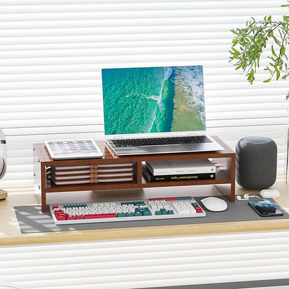 Monitor Stand Riser with Storage, 2 Tier Desk Organizer & Desktop Wood Shelf, Ergonomic Computer Stand for Laptop, PC & Printer, 16" Small TV Riser with 50 lbs Weight Capacity, Walnut Brown