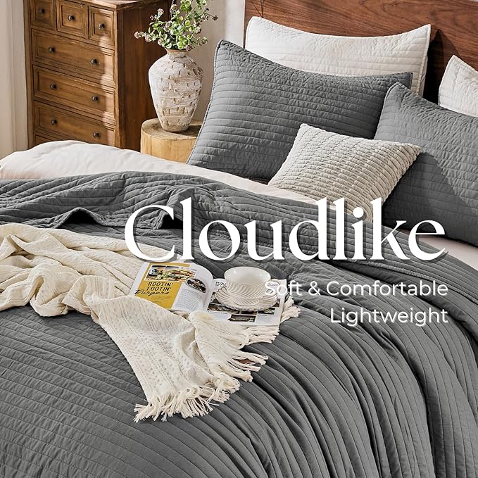 DOWN HOME Twin Quilt Bedding Set with Sham, Vintage Washed Soft Quilted Blanket Thin Comforter Lightweight Bedspread Coverlet Bed Cover, Brushed Microfiber Stripe Stitching, Ash Gray, 66"x92"