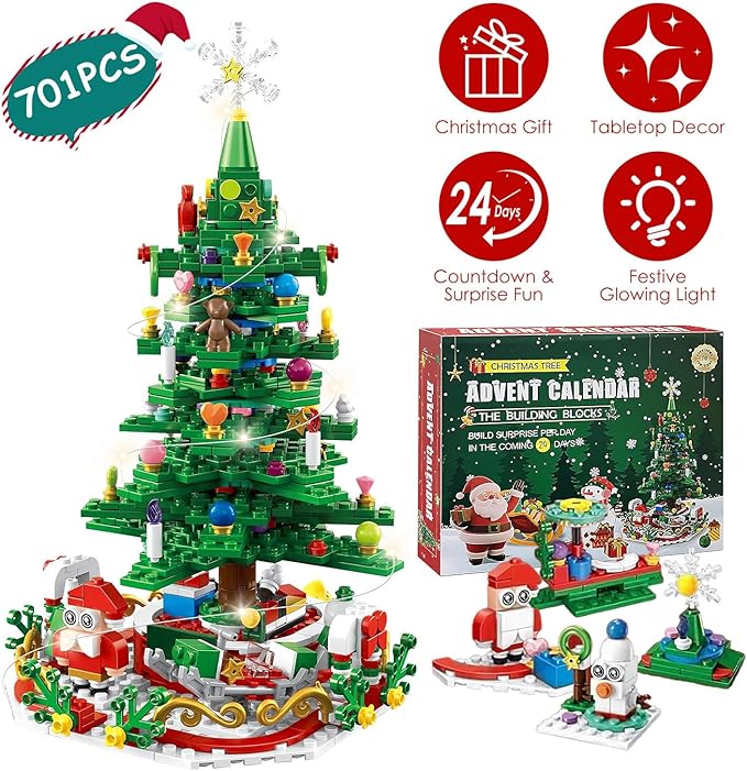 701 Pcs Christmas Tree Building Toy: 24-Day Advent Calendar, 30 LED Warm Lights (USB), Santa Ornaments & Snowflake Topper - Educational Blocks for Kids 3-6, Tabletop Decor