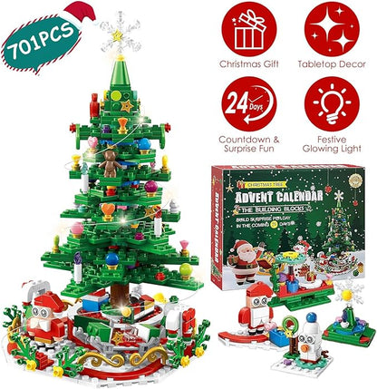 701 Pcs Christmas Tree Building Toy: 24-Day Advent Calendar, 30 LED Warm Lights (USB), Santa Ornaments & Snowflake Topper - Educational Blocks for Kids 3-6, Tabletop Decor