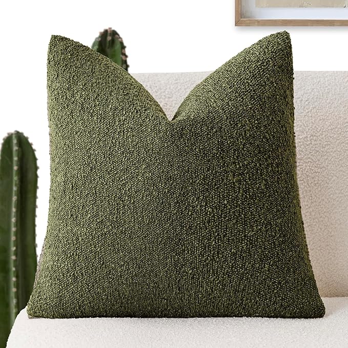 Foindtower Decorative Textured Boucle Throw Pillow Covers Accent Solid Pillow Cases Neutral Soft Cozy Couch Cushion Case for Chair Sofa Bedroom Living Room Home Decor 22x22 Inch,1PC,Moss Green