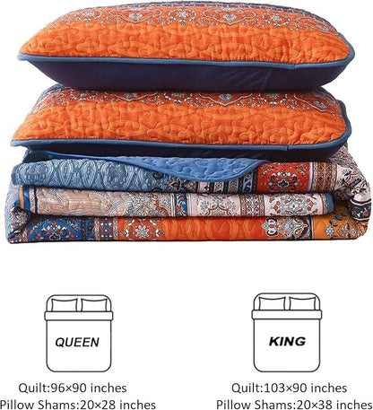 WONGS BEDDING Boho Quilt Set California King, Blue and Orange Bohemian Queen Summer Quilt Bedding Set, Lightweight Microfiber Bed Decor Bedspread for All Season 106"x96"(3 Pieces)