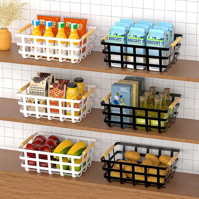 Farmhouse Baskets Wire Storage Baskets, Pantry Organizer Baskets with Wood Handle, Metal Baskets Bins for Kitchen Pantry Shelf Cabinets, White,2 pack