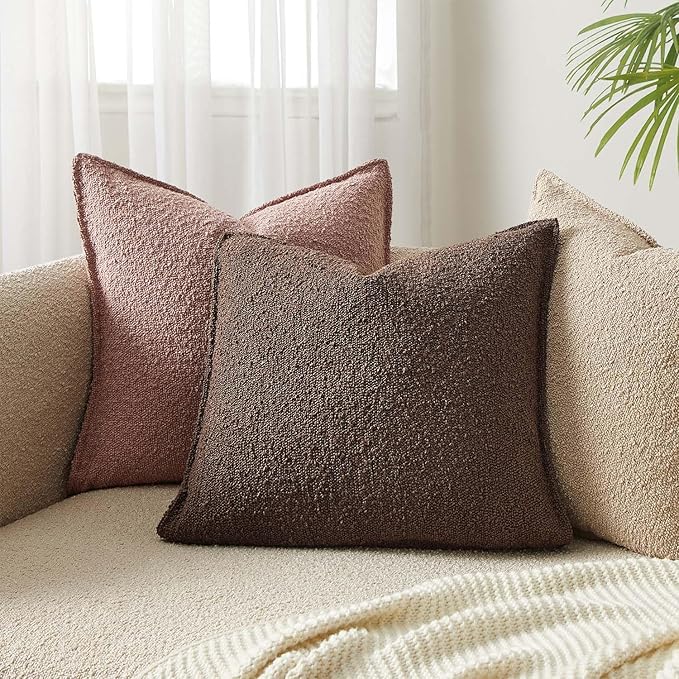 JUSPURBET Brown Decorative Pillow Covers 20x20 Set of 2 Throw Pillow Covers for Couch Sofa Bed Cozy Boucle Textured Cushion Covers Cases with Hidden Zipper for Living Room Home Decor