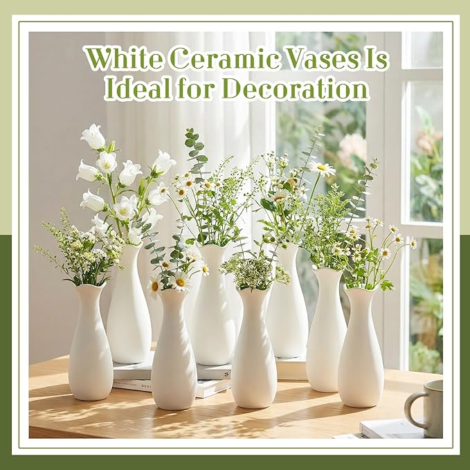Qinyoung White Ceramic Bud Vase Set of 8, 8'' Small White Flower Vase for Centerpieces Floral Decor for Wedding Party Dining Table Home Decoration(Stylish)