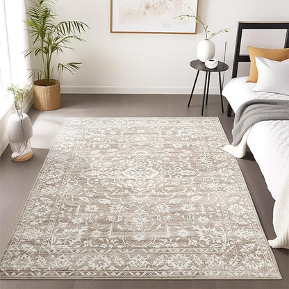 3x5 Rug, Small Area Rug for Kitchen, Entryway, Machine Washable Non-Slip Throw Rug, Floral Dorm Rug Entryway Vintage Carpet for Nursery Coffee Table Light Brown