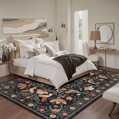 Moynesa Bedroom Rug 5x7, Washable Modern Transitional Black Area Rugs for Living Room Dining Room, Farmhouse Floral Bird Print Carpet, Folk Art Home Decor Open Floor Areas Non-Slip Protection