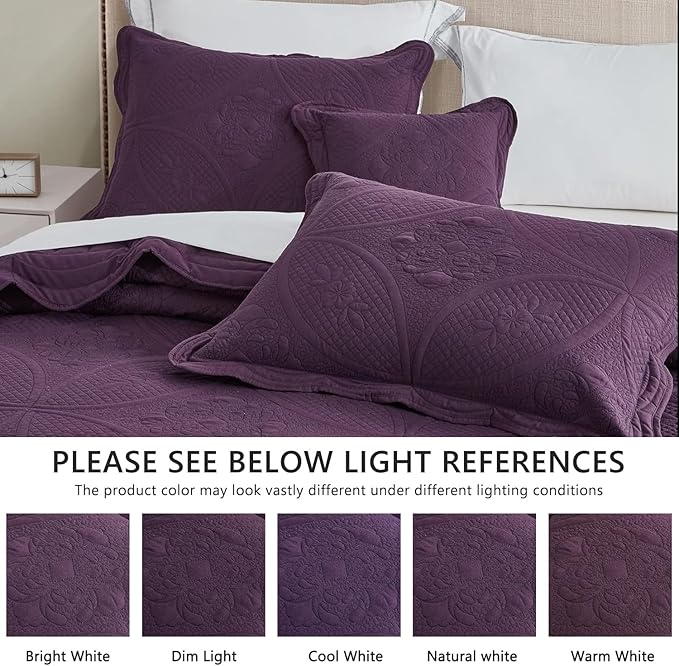 Oversized Bedspread - Queen Size Bedding Cover - Modern & Contemporary Coverlet Set, Real Stitching, Reversible, Lightweight, 5 Piece, Purple