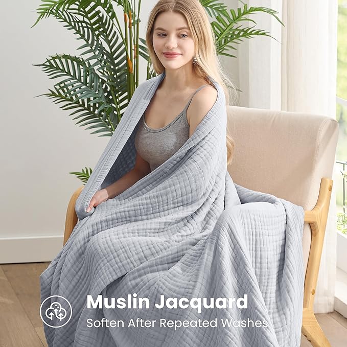 Love's cabin 6 Layer 100% Cotton Muslin Blanket, 108"x90" Muslin King Size Blanket for Bed Couch, Lightweight and Breathable Cotton Gauze, Light Grey