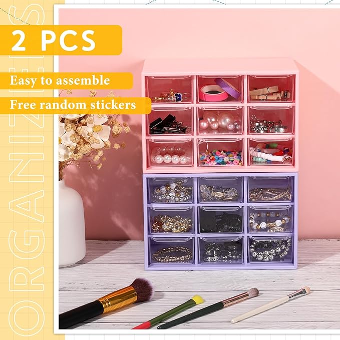 Wenqik 2 Pcs Mini Storage Drawers Teacher Toolbox Organizer with 9 Clear Drawers Small Plastic Desktop Teacher Desk Craft Organizer for Classroom Office 7" x 3. 9" x 4. 7" (Purple, Pink)