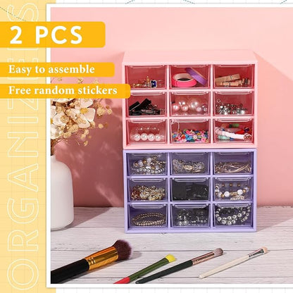 Wenqik 2 Pcs Mini Storage Drawers Teacher Toolbox Organizer with 9 Clear Drawers Small Plastic Desktop Teacher Desk Craft Organizer for Classroom Office 7" x 3. 9" x 4. 7" (Purple, Pink)