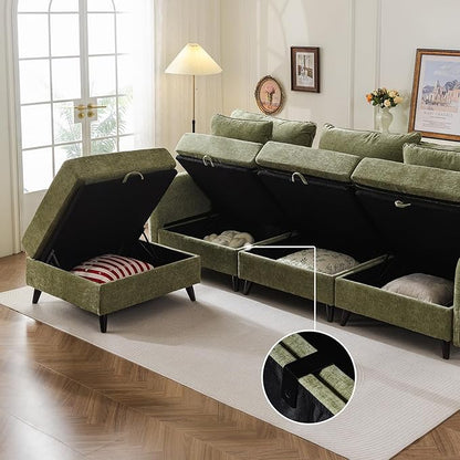 104'' Modular Sectional Sofa with Seats Storage, 3 Seater Sofa Couch with Deep Seat,Oversized Comfy Couch for Living Room,Bedroom,2 Throw Pillow,Chenille,Green