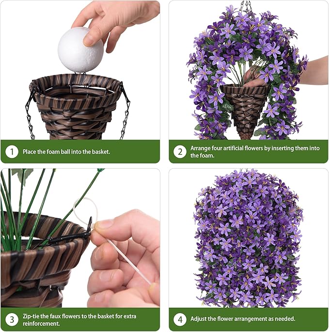 Artificial Faux Hanging Outdoor Plants Flowers Basket for Spring Decoration, Fake Silk Realistic UV Resistant Long Vines Planter for Outside Home Porch Patio (Purple & Light Purple)