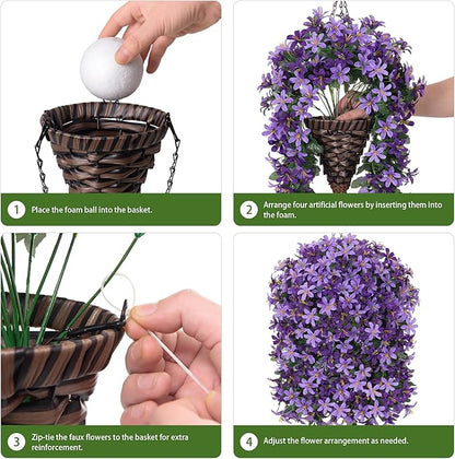 Artificial Faux Hanging Outdoor Plants Flowers Basket for Spring Decoration, Fake Silk Realistic UV Resistant Long Vines Planter for Outside Home Porch Patio (Purple & Light Purple)