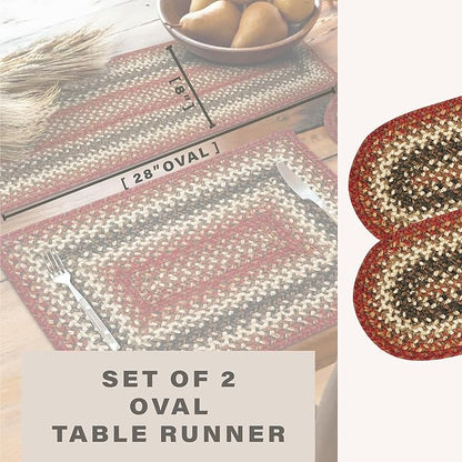 Homespice Chester Jute Braided Table Runner, Rustic Cabin Decor, Set of 2, Red Oval 8x28 - Rich Colors, Easy to Clean, Durable and Protects Furniture