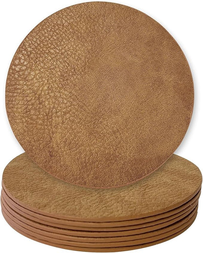 Set of 8 Morgan Faux Leather 4 Inch Round Coasters, Heat & Water Absorbent, Natural Style, Drinks Tabletop Home Dinning, Camel