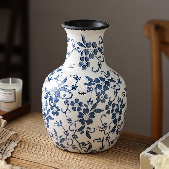 Blue and White Flower Vase Vintage Chinoiserie Floral Ceramic Vase Handcrafted Round Flower Vase for Home Decor Centerpieces Living Room, Bookshelf, Office Rustic Table Centerpiece 9 in
