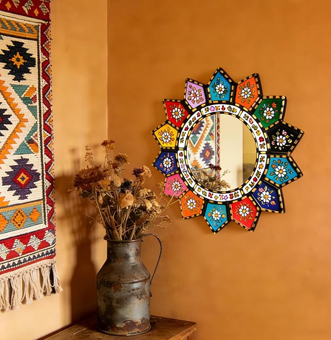 Sunflower Mirror - Vibrant 16-Petal Boho Circle Wall Decor, Small Decorative Floral Mirror Art for Living Room, Wood & Acrylic Mirror（2D Printed）