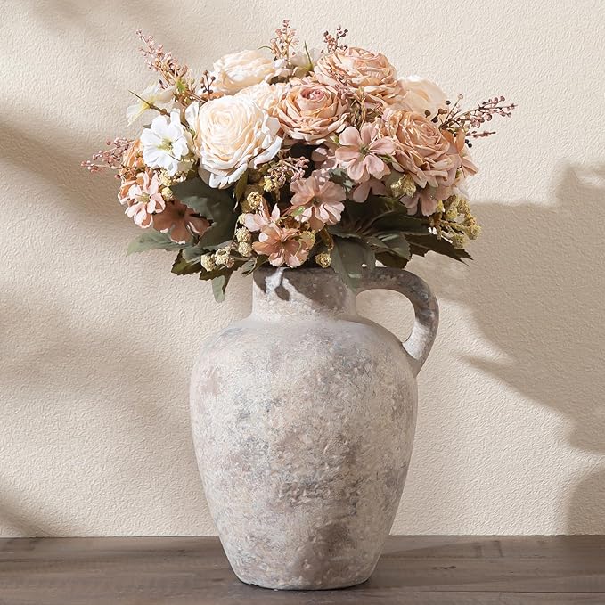 Ceramic Decorative Flower Vase with Handle,8.85 Inch Terracotta Rustic Farmhouse Vase for Home Decor,Living Room, Shelf Decor,Wedding,Housewarming Gift