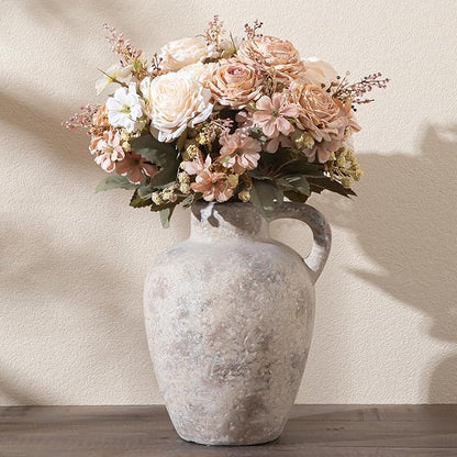 Ceramic Decorative Flower Vase with Handle,8.85 Inch Terracotta Rustic Farmhouse Vase for Home Decor,Living Room, Shelf Decor,Wedding,Housewarming Gift