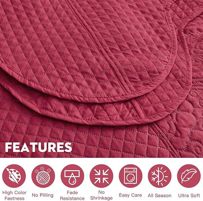 HZ & HY Oversized King Bedspread 128x120 Extra Wide, Ultrasonic Coverlet Bedding Set, Lightweight Thin Comforter, Reversible, 5 Piece, 100% Microfiber, Wine Red