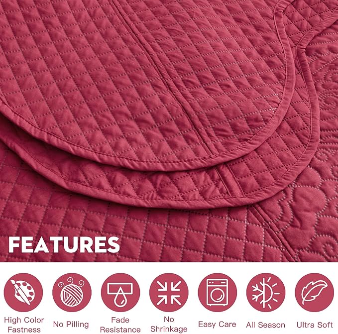HZ & HY Oversized King Bedspread 138x122 Extra Wide, Ultrasonic Coverlet Bedding Set, Lightweight Thin Comforter, Reversible, 5 Piece, 100% Microfiber, California/Alaskan King, Wine Red