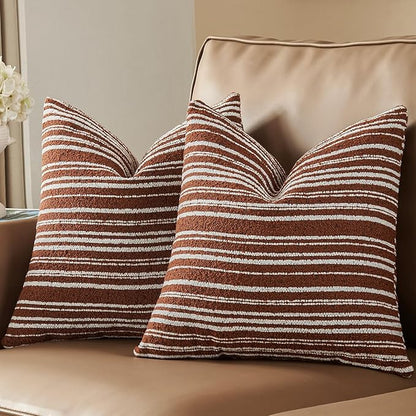 AmHoo Pack of 2 Textured Boucle Throw Pillow Covers Accent Striped Cozy Soft Decorative Couch Cushion Case for Chair Sofa Bedroom Living Room Home Decor 20 x 20-Inch Rustic Brown
