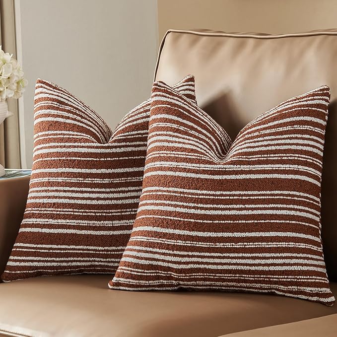AmHoo Pack of 2 Textured Boucle Throw Pillow Covers Accent Striped Cozy Soft Decorative Couch Cushion Case for Chair Sofa Bedroom Living Room Home Decor 18 x 18-Inch Rustic Brown