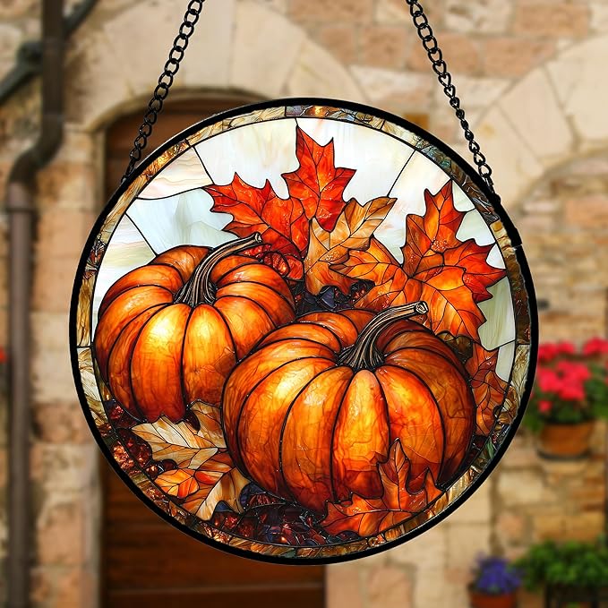 DASTOLL Stained Glass Window Hanging, Pumpkin Maple Leaf Suncatcher for Doors Home Sun Catchers Decoration and Christmas, Mother's Day Birthday Gifts for Women, Men, and Mom 7.8 in