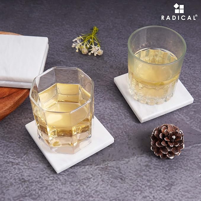 Radicaln Marble Coasters Square 3.5" Inches White Handmade Absorbent Stone Coaster Set for Drinks – Perfect for Kitchen Use, Set of 6 Coasters, Ideal Home Decor