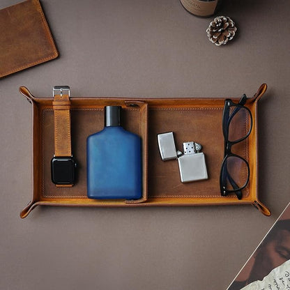 Handmade Leather Catch All Tray and Organizer for Keys, Phones, Jewels, Coins, Rectangular, Deep Brown