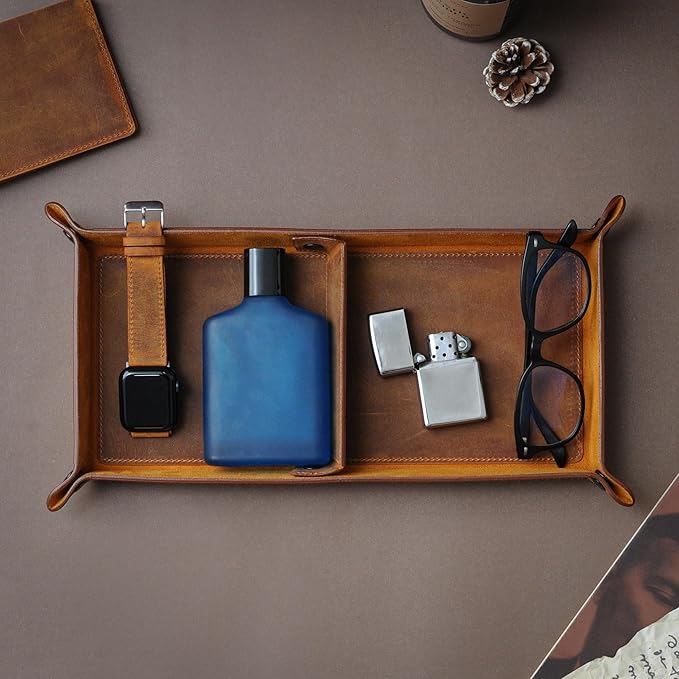Handmade Leather Catch All Tray and Organizer for Keys, Phones, Jewels, Coins, Rectangular, Deep Black