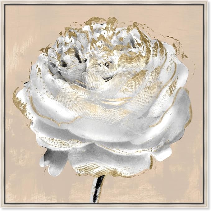 Art Remedy Beige Ranunculus Canvas Elegant White Gold Wall Art, Silver Frame, 30" x 30"