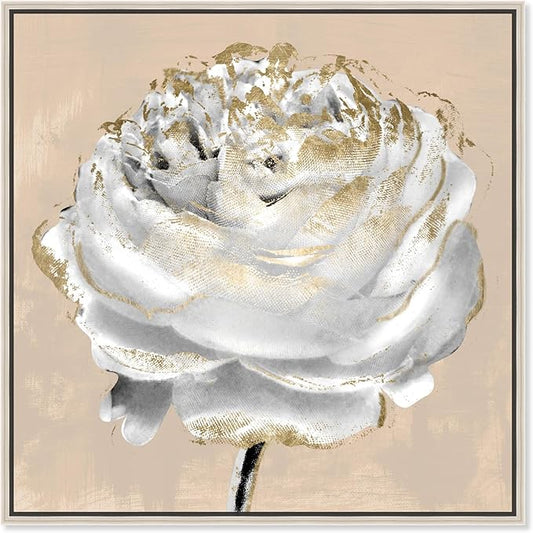 Art Remedy Beige Ranunculus Canvas Elegant White Gold Wall Art, Silver Frame, 30" x 30"