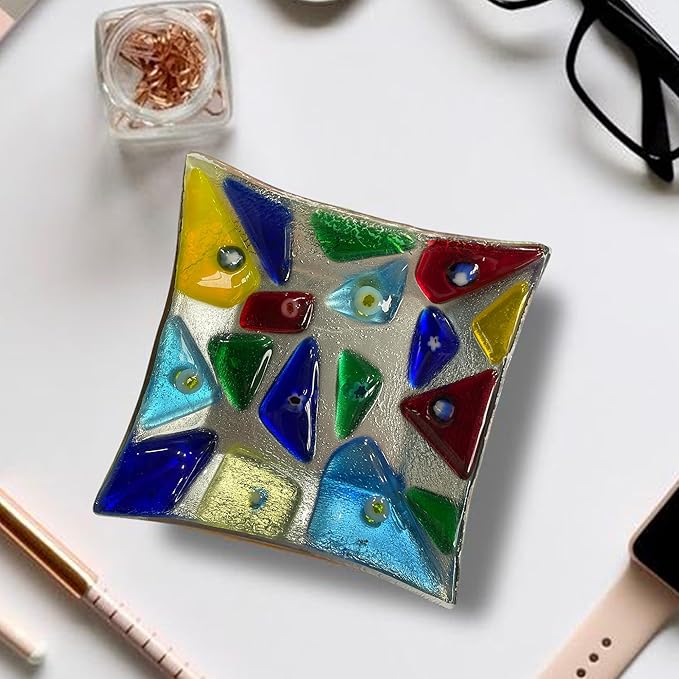 LADY&HOME Glass Decorative Jewelry Tray,Fused Art Glass Silver Foil Trinket Dish for Earrings,Necklace,Keys,Birthday Mother's Day Christmas Gifts for Women (Triangle)