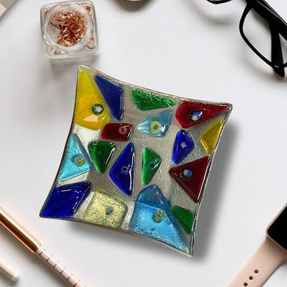 LADY&HOME Glass Decorative Jewelry Tray,Fused Art Glass Silver Foil Trinket Dish for Earrings,Necklace,Keys,Birthday Mother's Day Christmas Gifts for Women (Triangle)