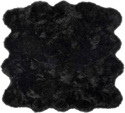 Luxe Gordon Faux Fur Rug with Soft and Fluffy Pile | Machine Washable Living Room Rug with Anti-Slip Backing | Cruelty-Free Area Rugs for Office or Bedroom, Black, 6 ft x 6 ft