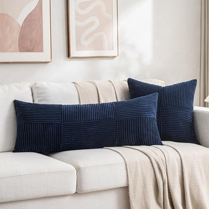 Fancy Homi 2 Packs Navy Blue Decorative Throw Pillow Covers 18x18 Inch for Living Room Couch Bed, Rustic Farmhouse Boho Home Decor, Soft Corss Corduroy Patchwork Textured Square Cushion Case 45x45 cm