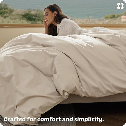Bedsure Cotton Duvet Cover Queen Size - Luxury Slub Weave 100% Cotton Duvet Cover with a Linen Like Textured, Easy Change Durable Bedding, Ivory, 90" x 90"