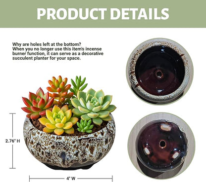 Incense Burner with Calabash Incense Stick Holder - Porcelain Charcoal Censer for Use with Resin Granular Powder Cone or Coil Incense (New Fambe Gray)