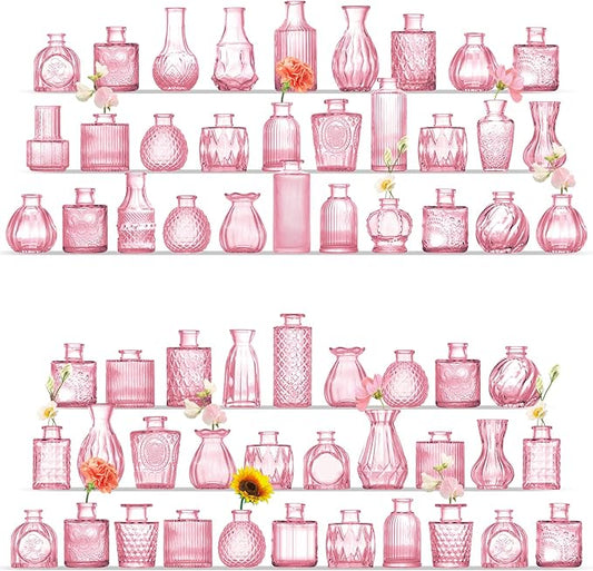 Glass Bud Vases Set of 60, Small Glass Vase for Flowers, Pink Small Vases for Centerpieces, Vintage Bud Vase in Bulk for Wedding, Party, Events, Reception, Home Decor