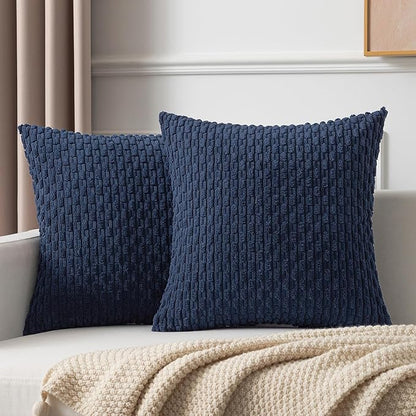 Kevin Textile Euro Sham Pillow Covers 28x28 Inch 2 Packs Soft Boho Striped Corduroy Decorative Throw Pillows for Living Room Couch Bed Sofa Rustic Farmhouse Home Decor 71x71cm Navy Blue
