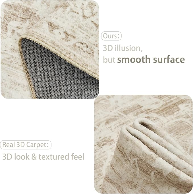 6x9 Area Rugs for Living Room, Stain Resistant Neutral Washable Rugs for Dining Room, Floral Vintage Non-Slip Thin Area Rug Farmhouse Rug Beige Ivory